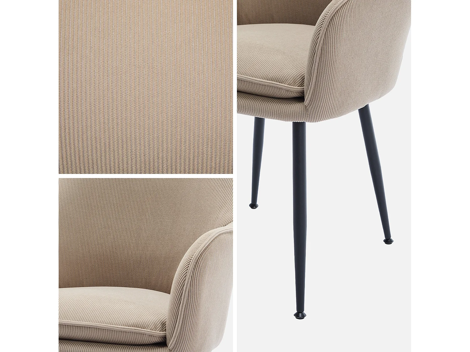 Lot de 2 fauteuils en velours côtelé beige et pieds en métal noir mat. L 57 x P 59 x H 84.5