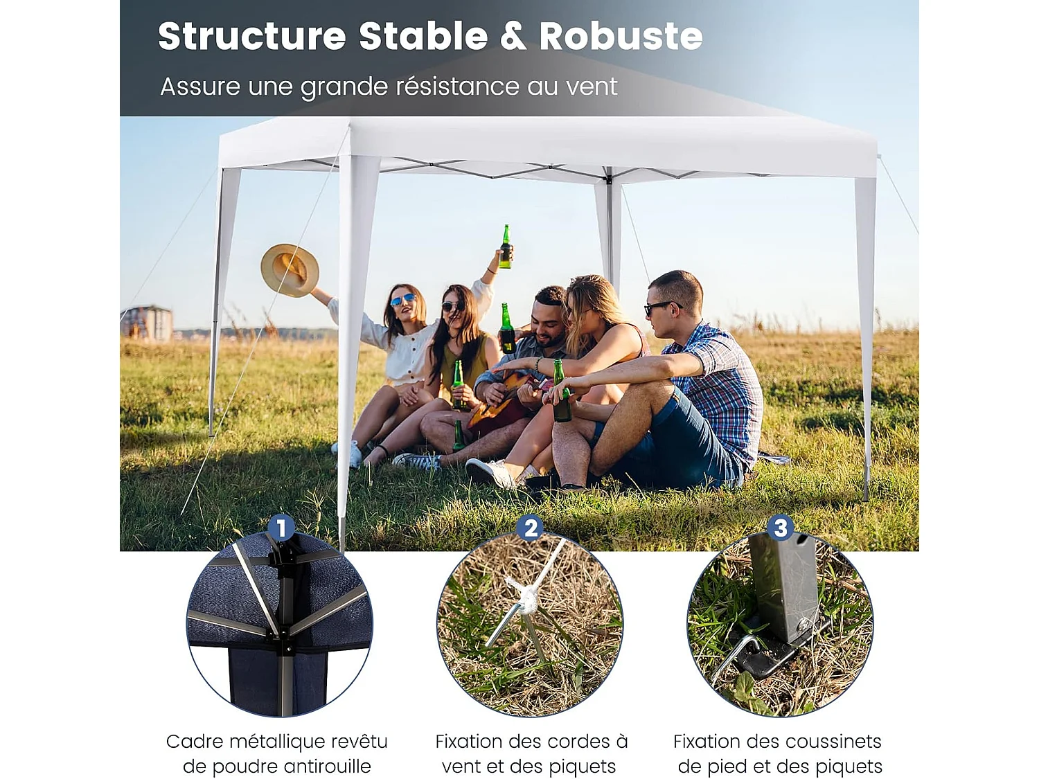 Tonnelle de Jardin Instantanée Pliable 295x295CM, Tente de Jardin Anti-UV Imperméable 3 Hauteurs 249/252/255 cm Sac de Rangement, pour Marché Patio CamBoisg Blanc