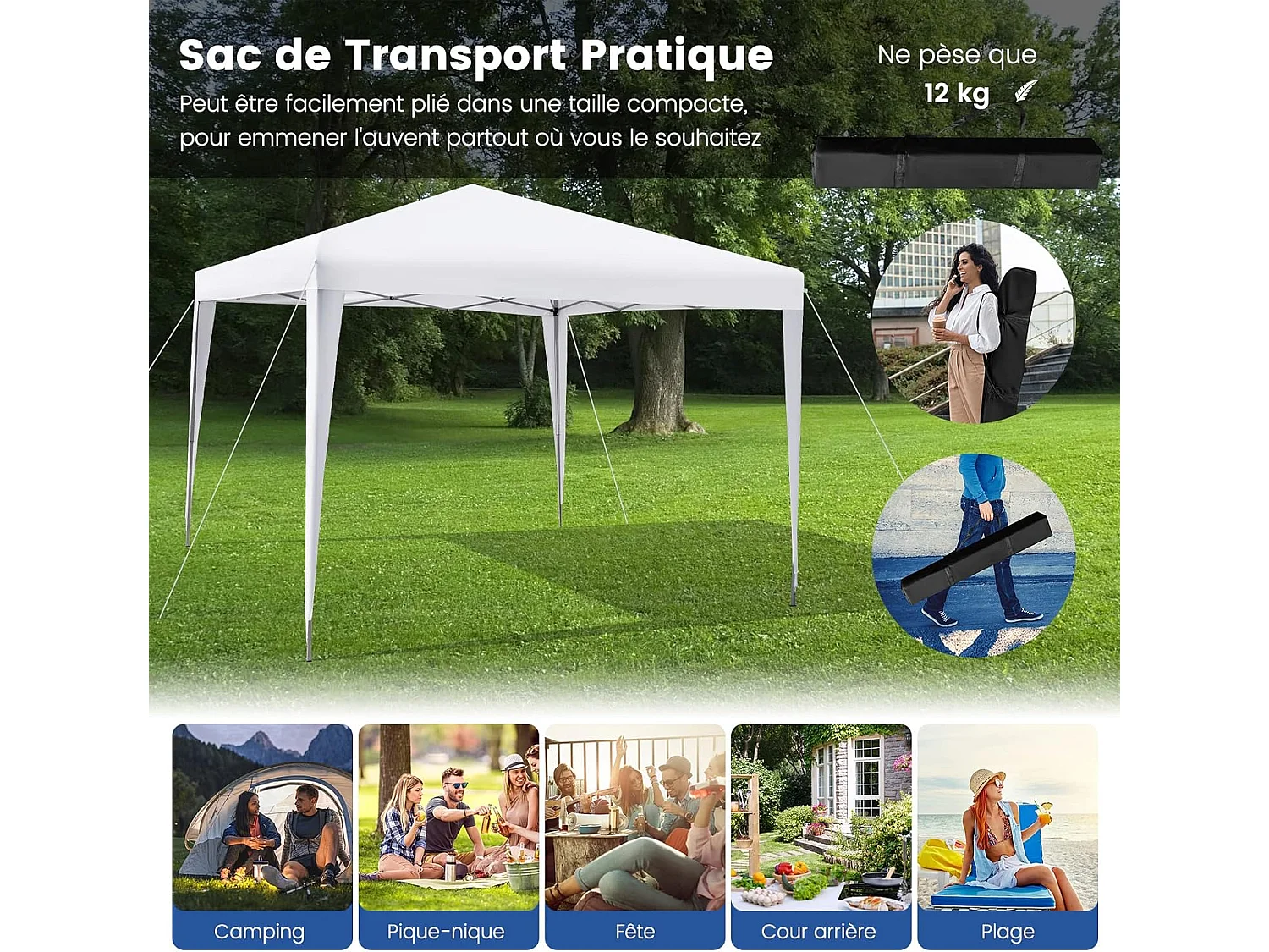 Tonnelle de Jardin Instantanée Pliable 295x295CM, Tente de Jardin Anti-UV Imperméable 3 Hauteurs 249/252/255 cm Sac de Rangement, pour Marché Patio CamBoisg Blanc