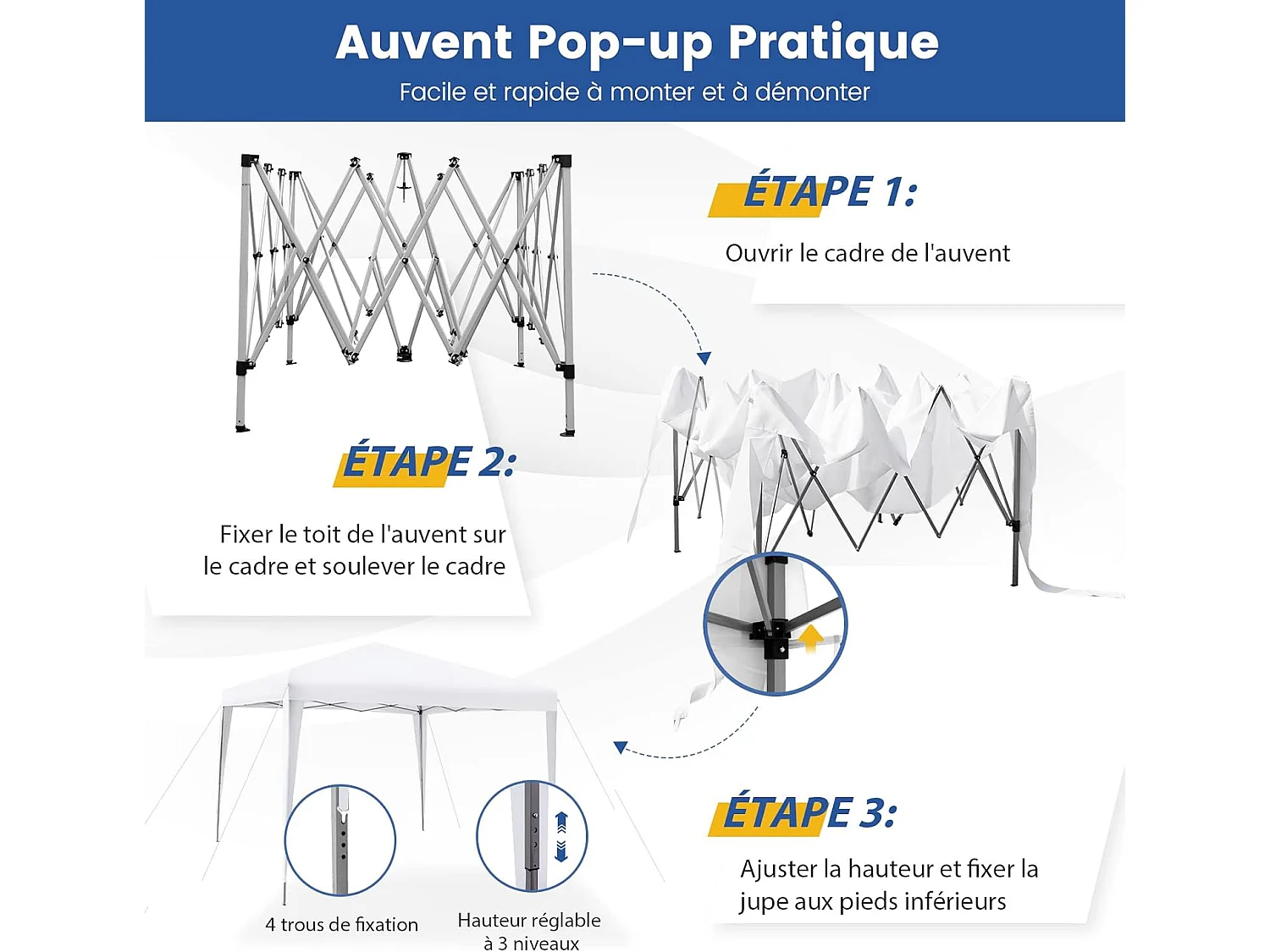 Tonnelle de Jardin Instantanée Pliable 295x295CM, Tente de Jardin Anti-UV Imperméable 3 Hauteurs 249/252/255 cm Sac de Rangement, pour Marché Patio CamBoisg Blanc