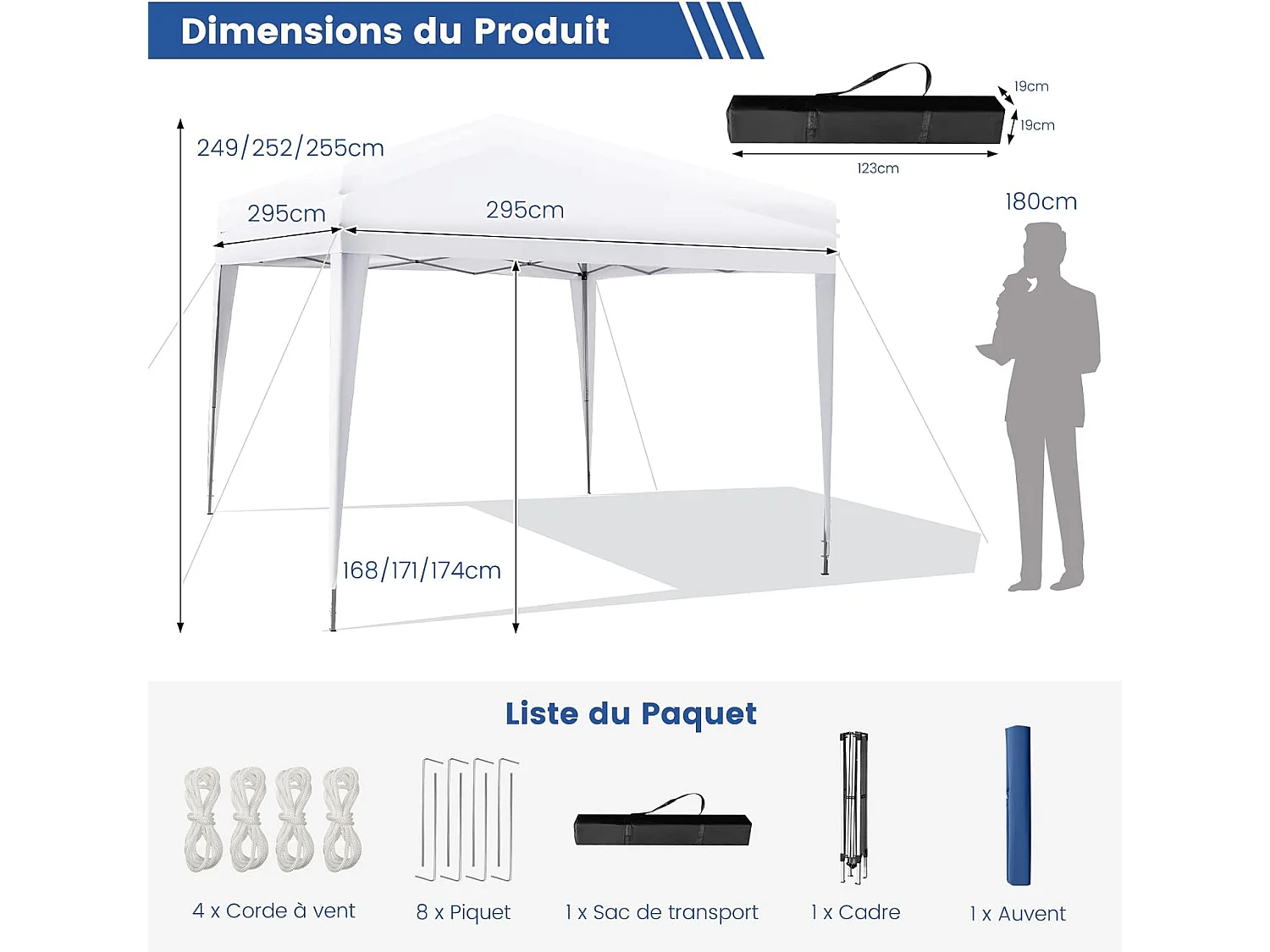 Tonnelle de Jardin Instantanée Pliable 295x295CM, Tente de Jardin Anti-UV Imperméable 3 Hauteurs 249/252/255 cm Sac de Rangement, pour Marché Patio CamBoisg Blanc