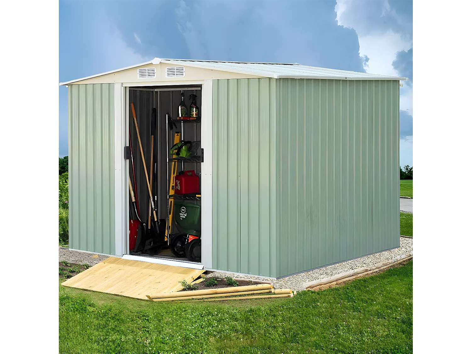 Abri de Jardin en Métal-4,8㎡-257 x 205x 175,5cm-2 Portes Coulissantes Verrouillables-4 Trous d’Aération-Toit Penché/Cabane Jardin-Vert Tendre