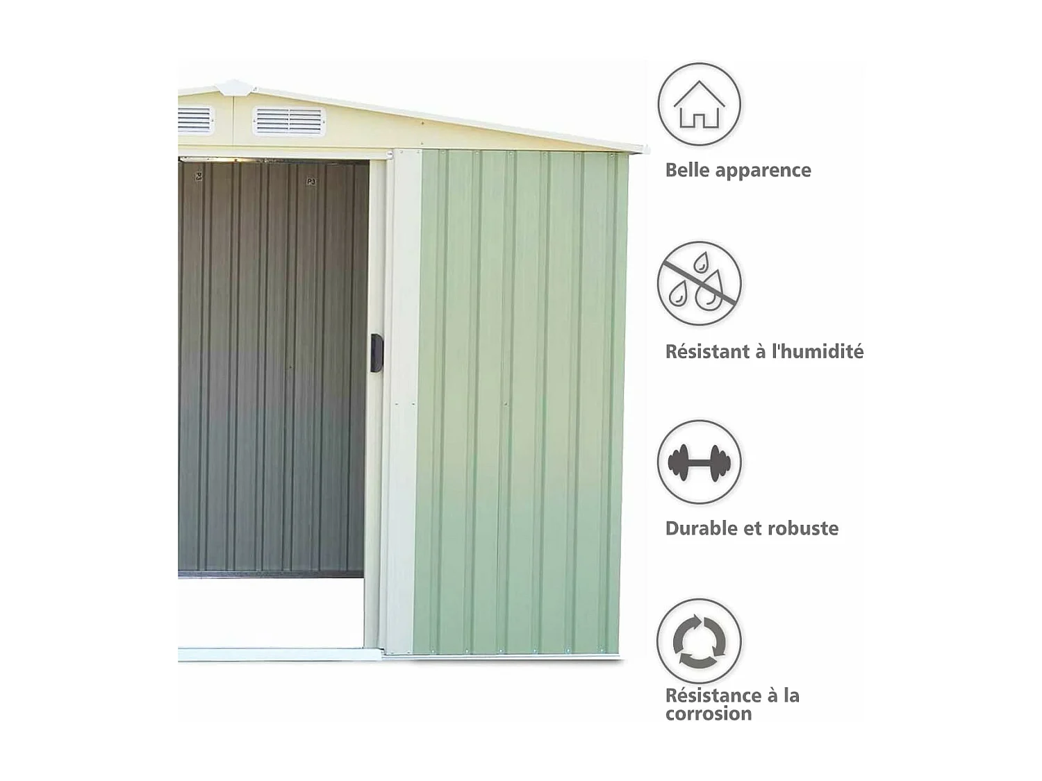 Abri de Jardin en Métal-4,8㎡-257 x 205x 175,5cm-2 Portes Coulissantes Verrouillables-4 Trous d’Aération-Toit Penché/Cabane Jardin-Vert Tendre