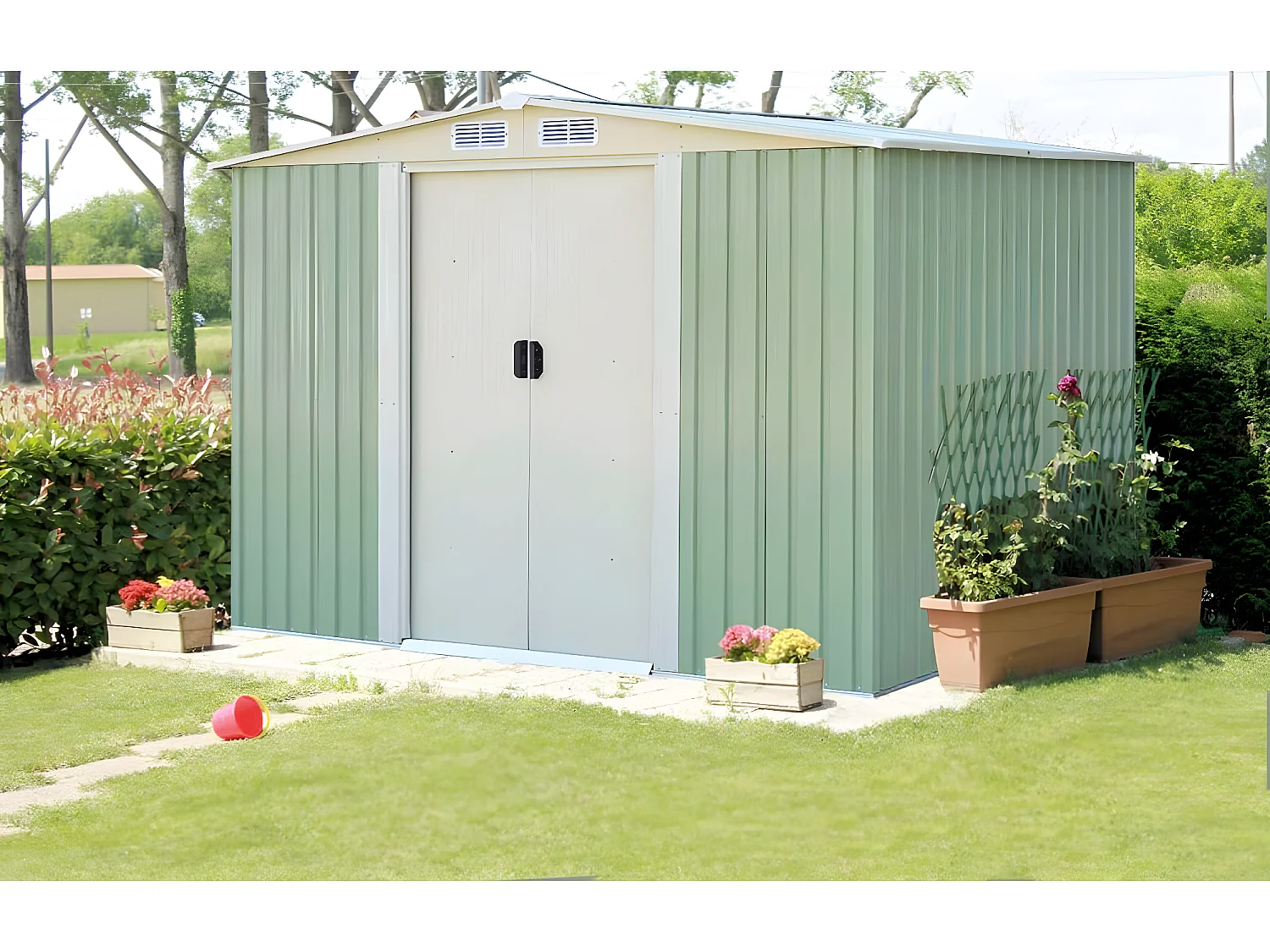 Abri de Jardin en Métal-4,8㎡-257 x 205x 175,5cm-2 Portes Coulissantes Verrouillables-4 Trous d’Aération-Toit Penché/Cabane Jardin-Vert Tendre
