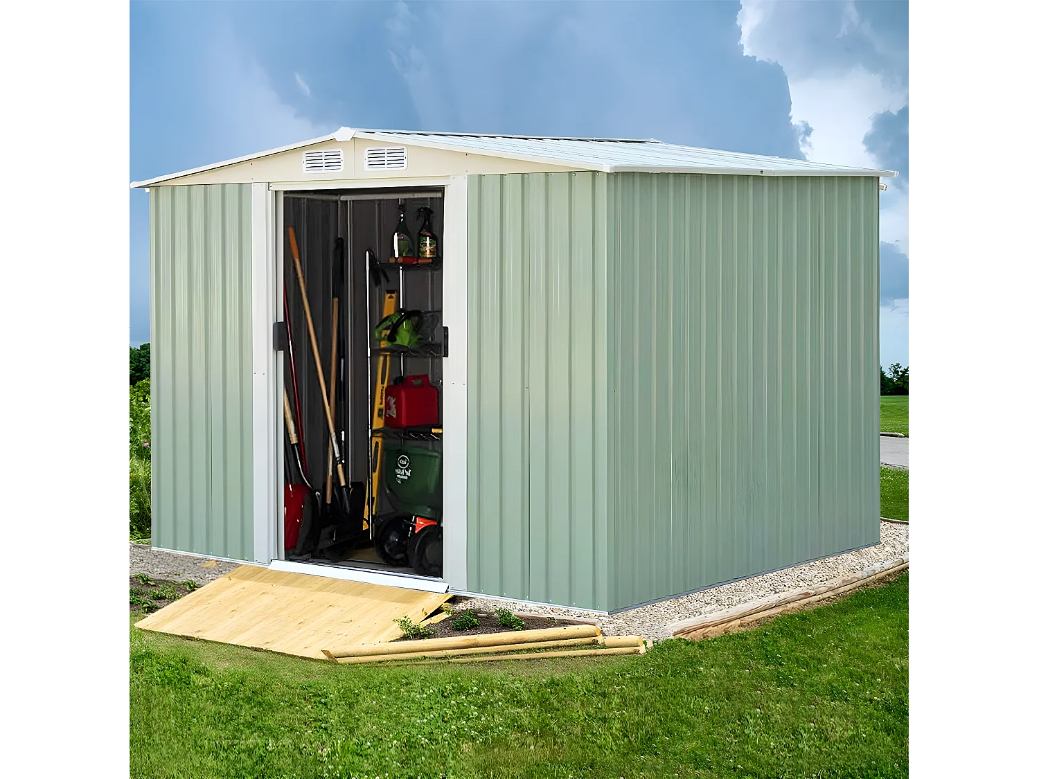 Abri de Jardin en Métal-4,8㎡-257 x 205x 175,5cm-2 Portes Coulissantes Verrouillables-4 Trous d’Aération-Toit Penché/Cabane Jardin-Vert Tendre