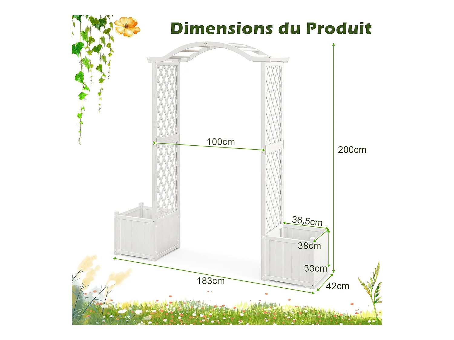 Tuinboog met houten plantenbak met latwerk, buitenpergola voor klimplanten, groenten, decoratie voor bruiloftsherdenking verjaardagsfeestje (wit)