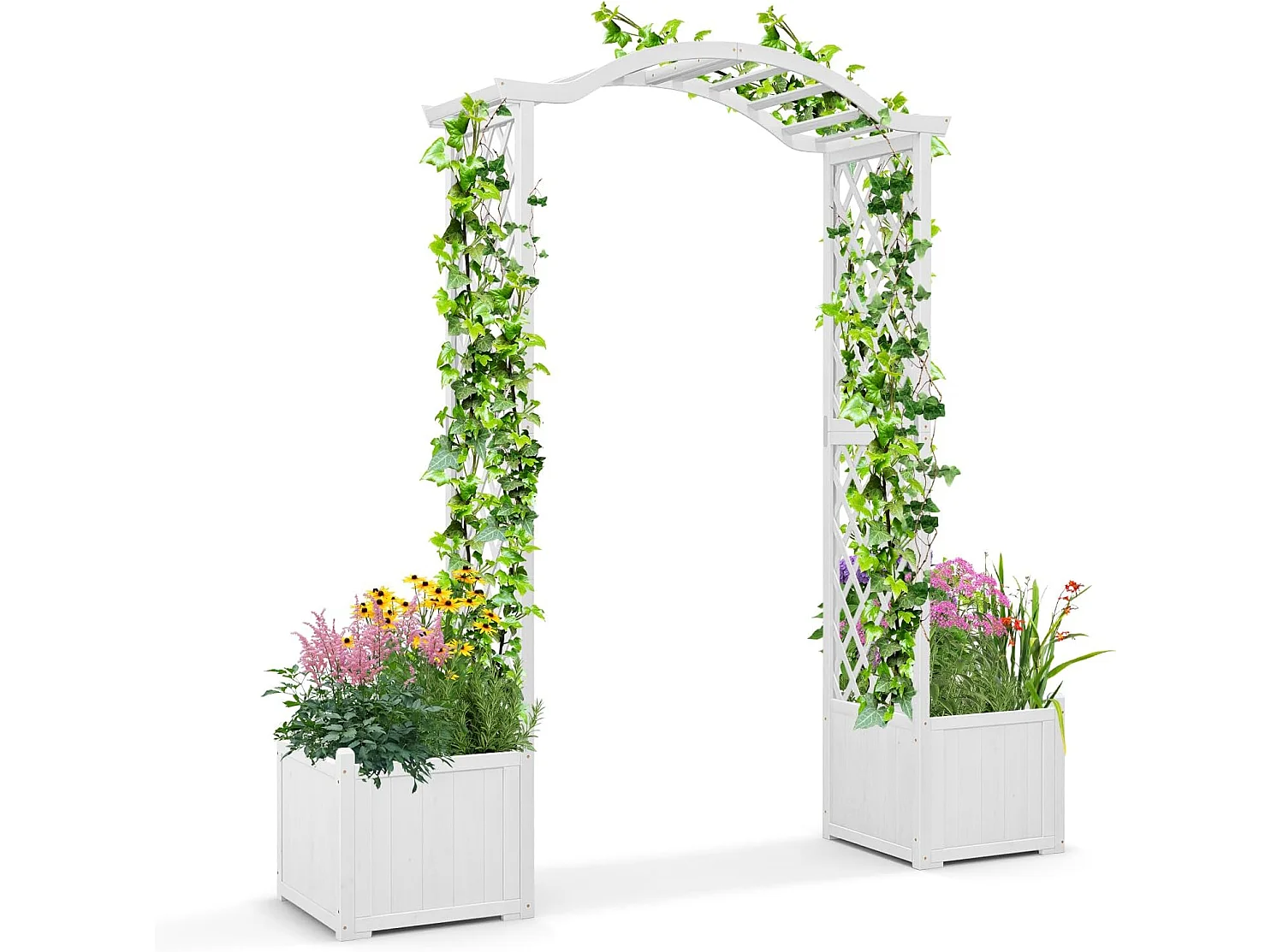 Tuinboog met houten plantenbak met latwerk, buitenpergola voor klimplanten, groenten, decoratie voor bruiloftsherdenking verjaardagsfeestje (wit)