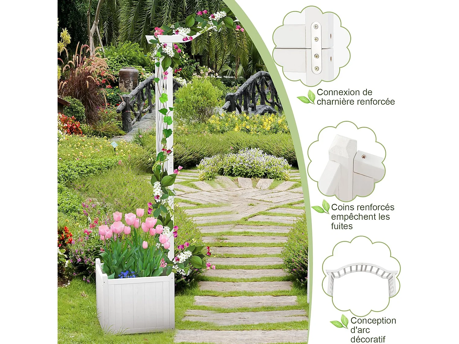 Tuinboog met houten plantenbak met latwerk, buitenpergola voor klimplanten, groenten, decoratie voor bruiloftsherdenking verjaardagsfeestje (wit)