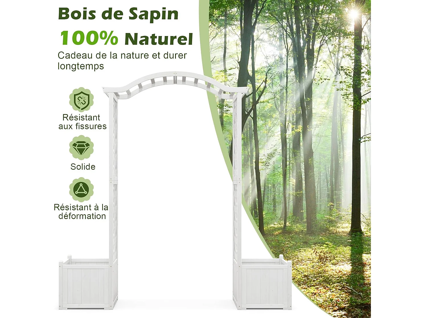 Tuinboog met houten plantenbak met latwerk, buitenpergola voor klimplanten, groenten, decoratie voor bruiloftsherdenking verjaardagsfeestje (wit)