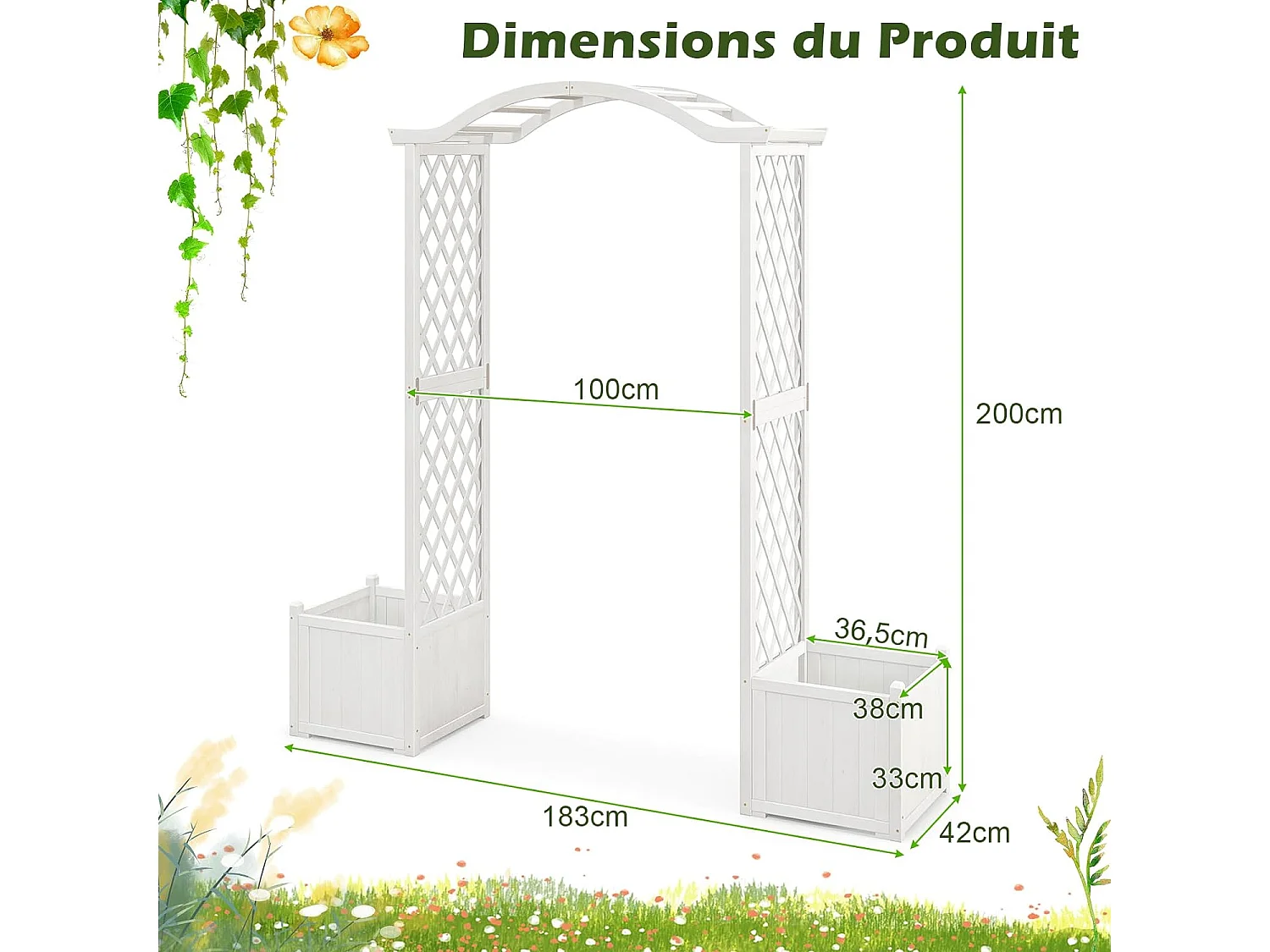 Tuinboog met houten plantenbak met latwerk, buitenpergola voor klimplanten, groenten, decoratie voor bruiloftsherdenking verjaardagsfeestje (wit)