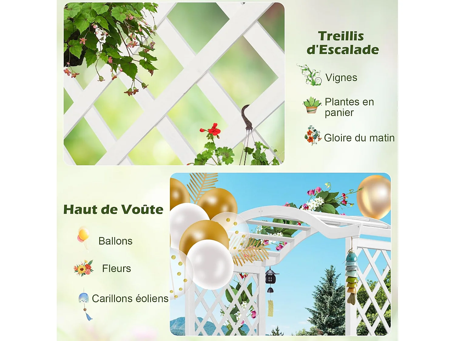 Tuinboog met houten plantenbak met latwerk, buitenpergola voor klimplanten, groenten, decoratie voor bruiloftsherdenking verjaardagsfeestje (wit)