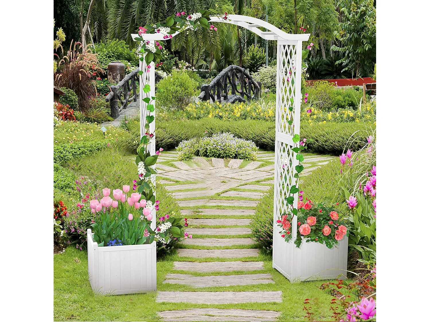 Tuinboog met houten plantenbak met latwerk, buitenpergola voor klimplanten, groenten, decoratie voor bruiloftsherdenking verjaardagsfeestje (wit)