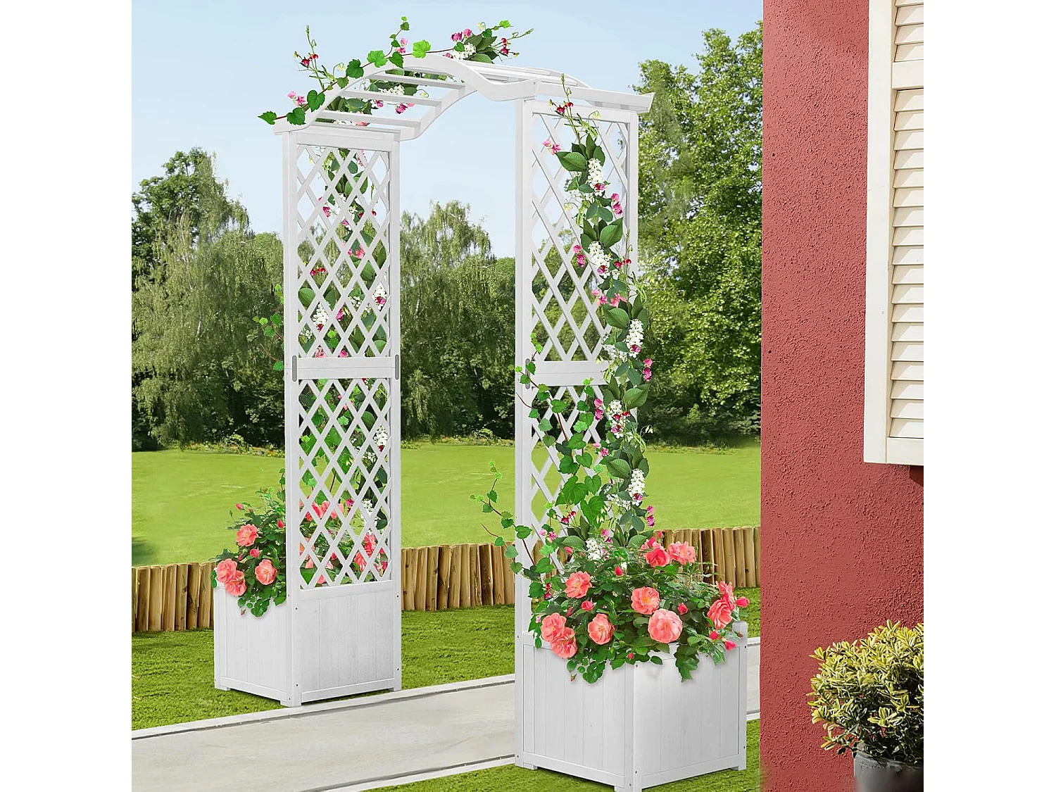 Tuinboog met houten plantenbak met latwerk, buitenpergola voor klimplanten, groenten, decoratie voor bruiloftsherdenking verjaardagsfeestje (wit)