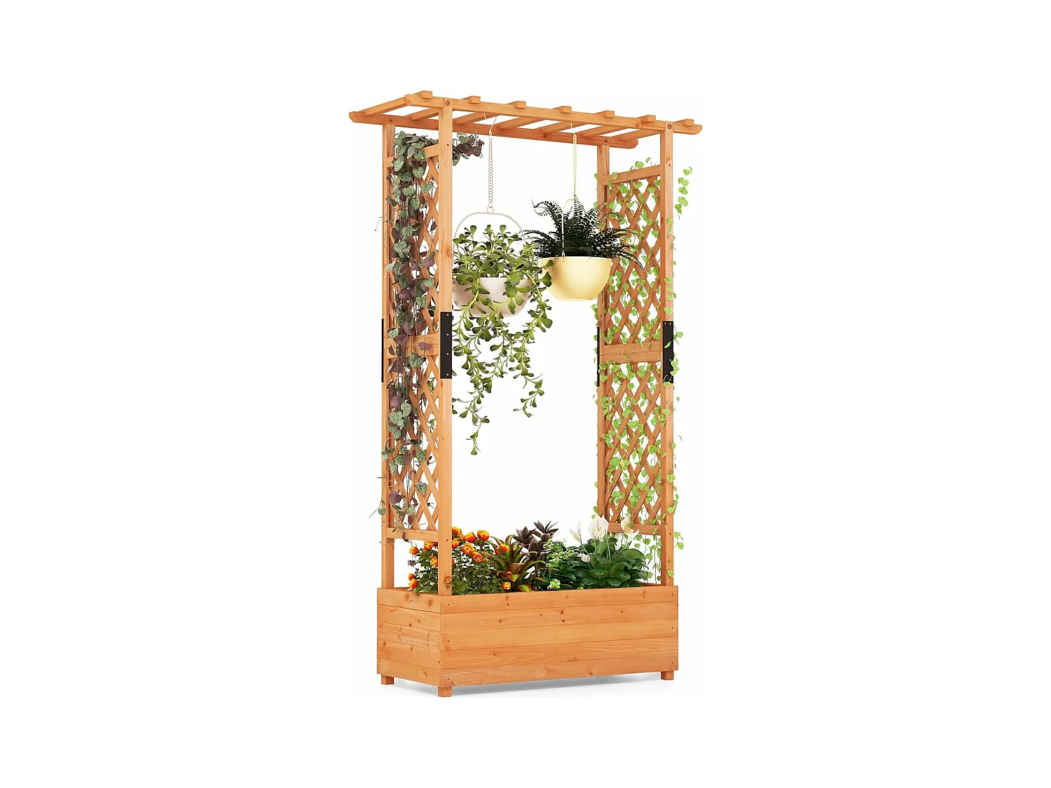 Jardinière avec 2 Treillis Latéraux Toit Suspendu en Bois de SaBois avec Trou de Drainage, Lit de Jardin Surélevé pour Plante Grimpante Résistance aux Intempéries, 110 x 44 x 182 cm