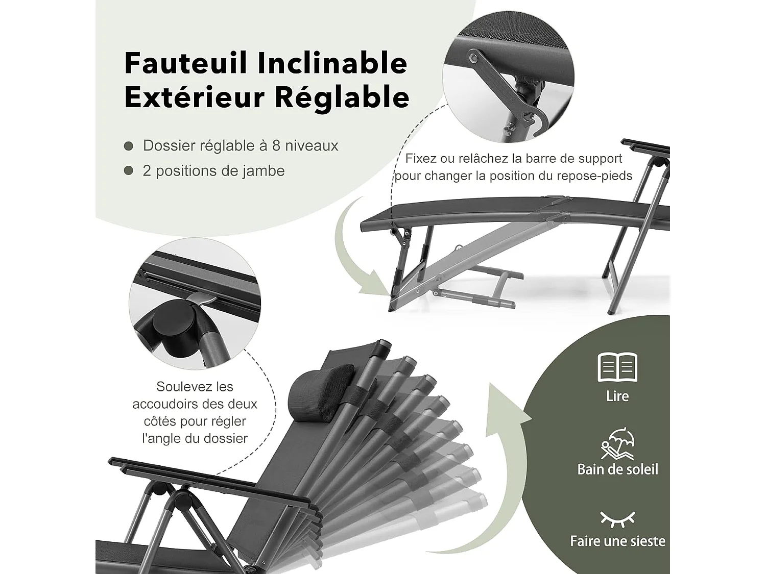 Chaise Longue d'Extérieur en Aluminium, Chaise Longue Pliante de Patio avec 8 Positions de Dossier et 2 Pieds Réglables, Tissu et velours à Séchage Rapide