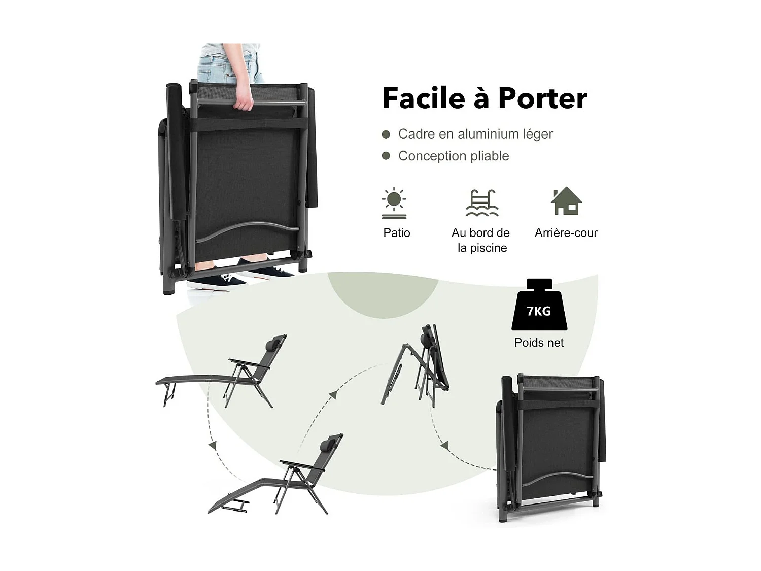 Chaise Longue d'Extérieur en Aluminium, Chaise Longue Pliante de Patio avec 8 Positions de Dossier et 2 Pieds Réglables, Tissu et velours à Séchage Rapide