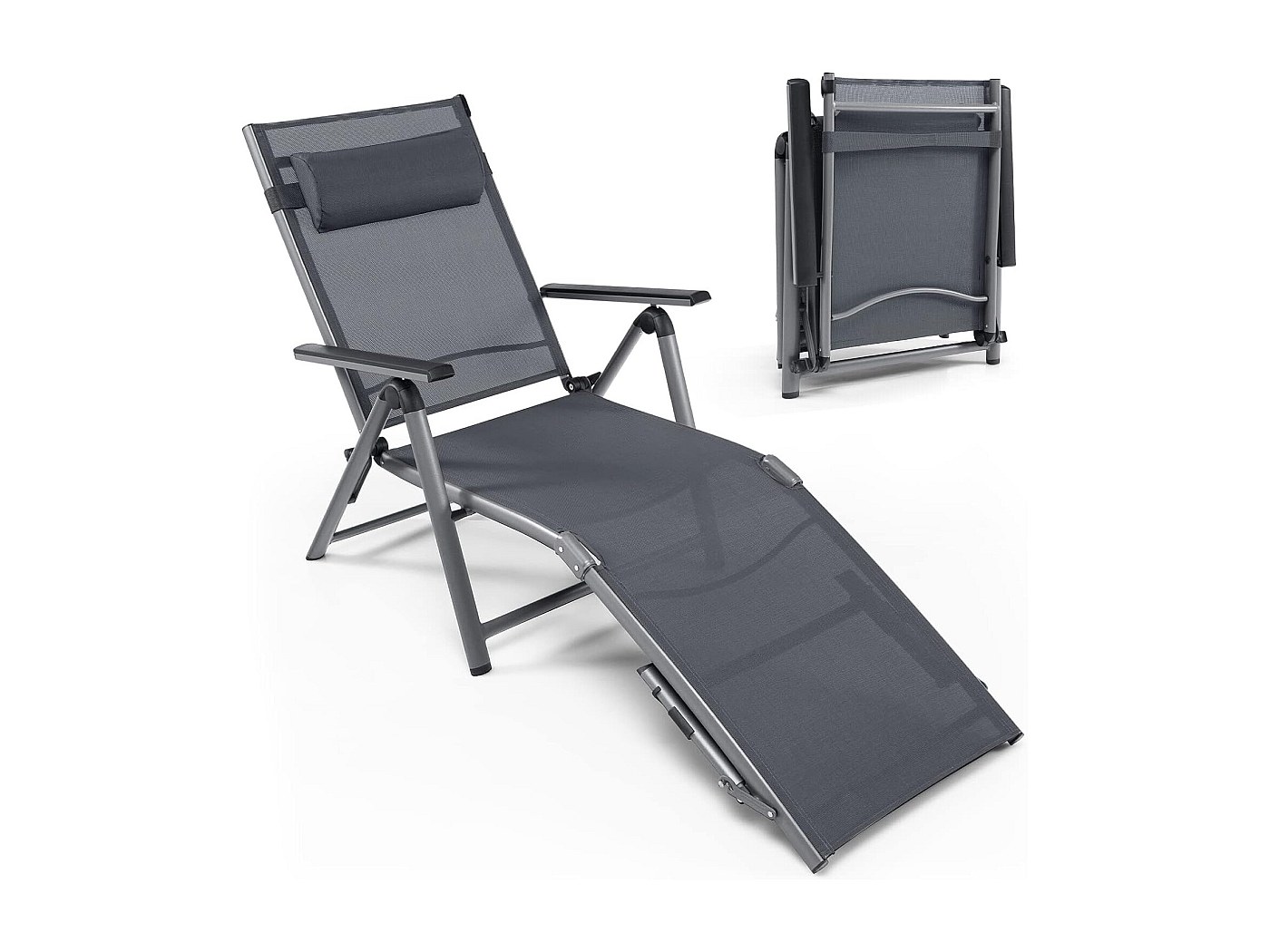 Chaise Longue Pliante Réglable 5 Positions - Transat De Plage Et Jardin Ultra Confort 190x59 Cm, Charge Max 120 Kg, Gris Avec Oreiller Et Sac De Transport