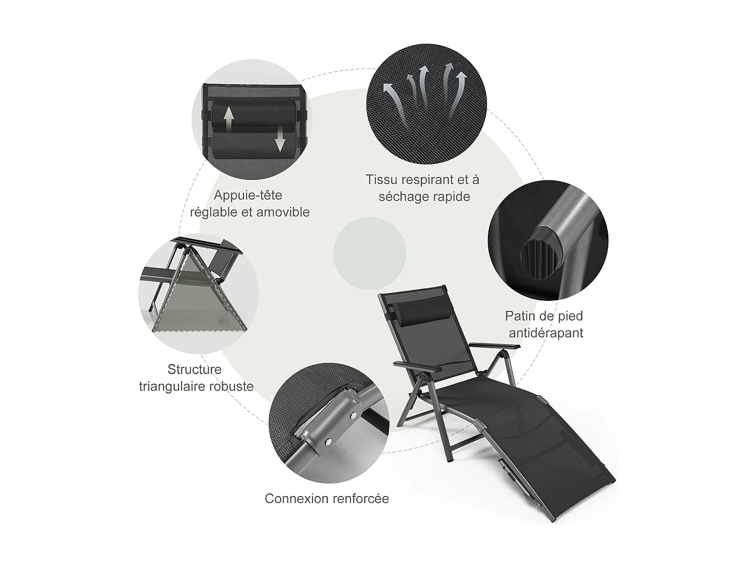 Chaise Longue d'Extérieur en Aluminium, Chaise Longue Pliante de Patio avec 8 Positions de Dossier et 2 Pieds Réglables, Tissu et velours à Séchage Rapide