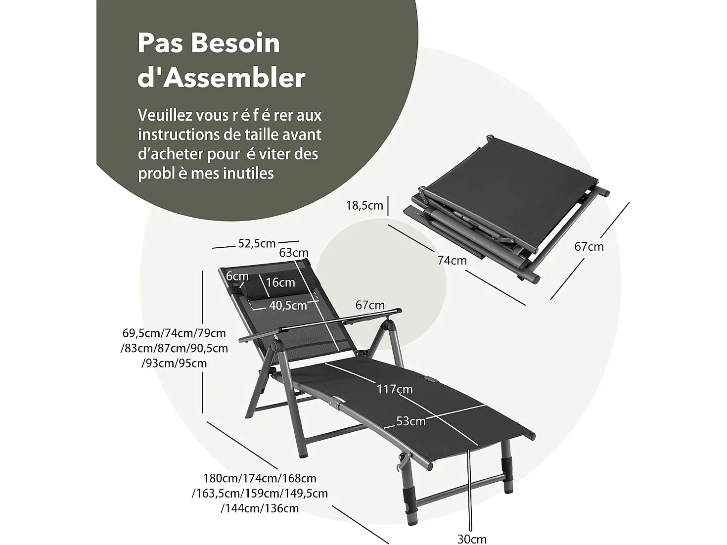 Chaise Longue d'Extérieur en Aluminium, Chaise Longue Pliante de Patio avec 8 Positions de Dossier et 2 Pieds Réglables, Tissu et velours à Séchage Rapide