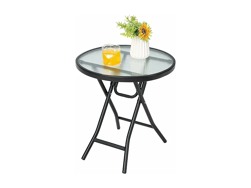 Table de Jardin Bistro Ronde Pliante, avec Plateau en Verre Trempé, Cadre en Acier φ46x47,5cm pour Intérieur et Extérieur Patio Balcon Terrasse, Charge 50 kg, Noir
