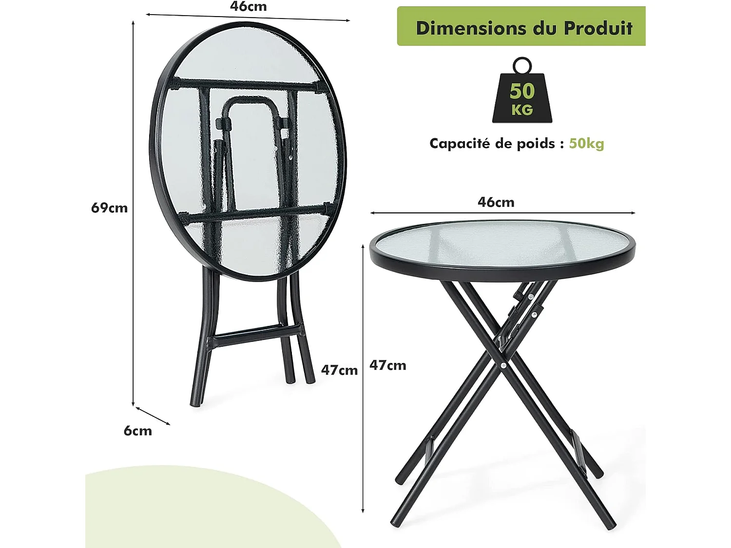 Table de Jardin Bistro Ronde Pliante, avec Plateau en Verre Trempé, Cadre en Acier φ46x47,5cm pour Intérieur et Extérieur Patio Balcon Terrasse, Charge 50 kg, Noir
