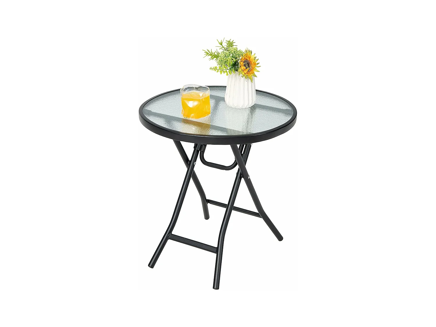 Table de Jardin Bistro Ronde Pliante, avec Plateau en Verre Trempé, Cadre en Acier φ46x47,5cm pour Intérieur et Extérieur Patio Balcon Terrasse, Charge 50 kg, Noir