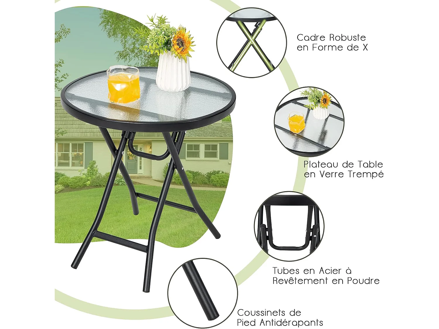 Table de Jardin Bistro Ronde Pliante, avec Plateau en Verre Trempé, Cadre en Acier φ46x47,5cm pour Intérieur et Extérieur Patio Balcon Terrasse, Charge 50 kg, Noir