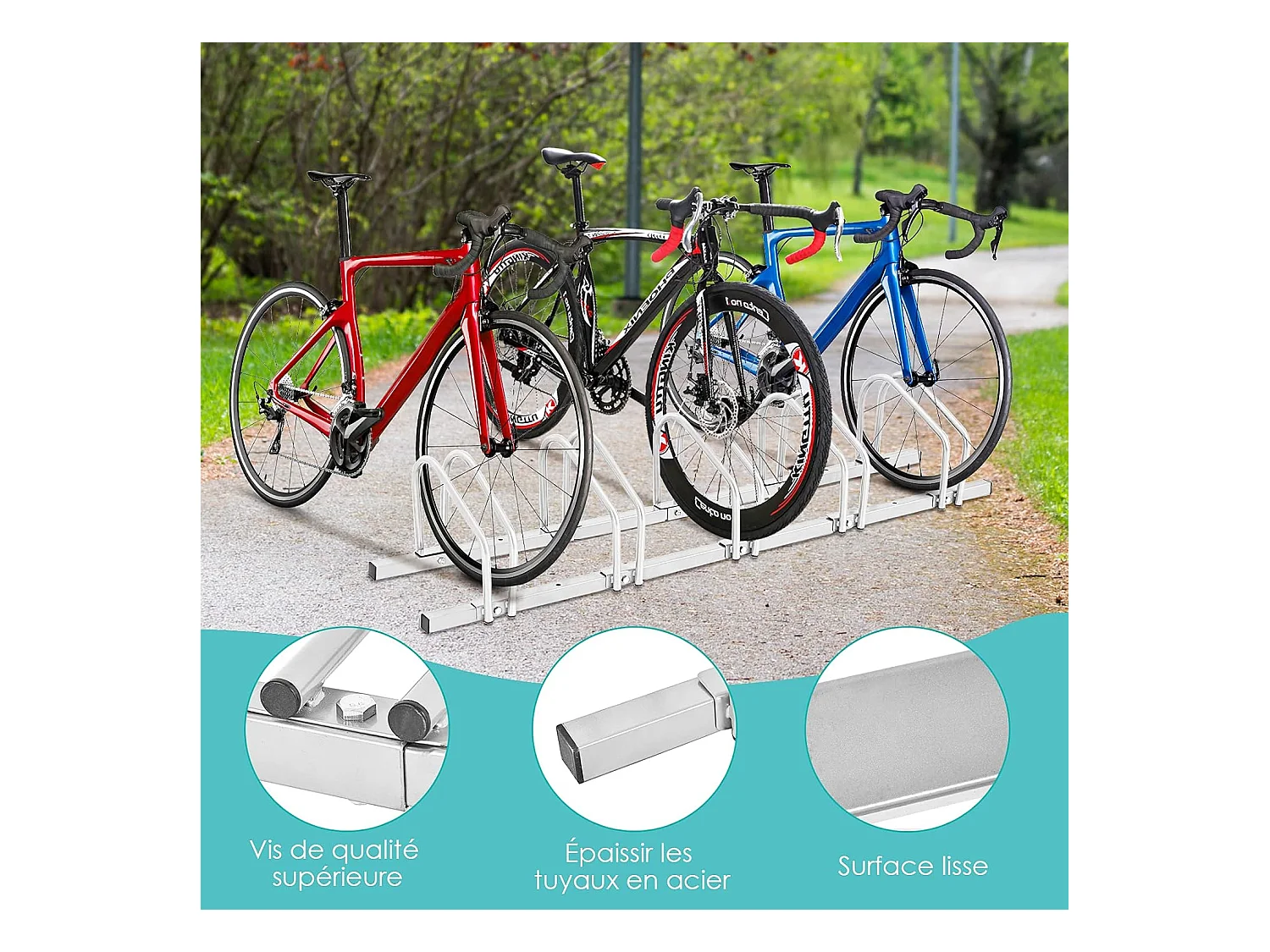 Râtelier 5 Vélos en Acier Fixation au Sol ou Mur 150x32.5x26CM Résistant aux Intempéries Antirouille Ecole Commerce Argent