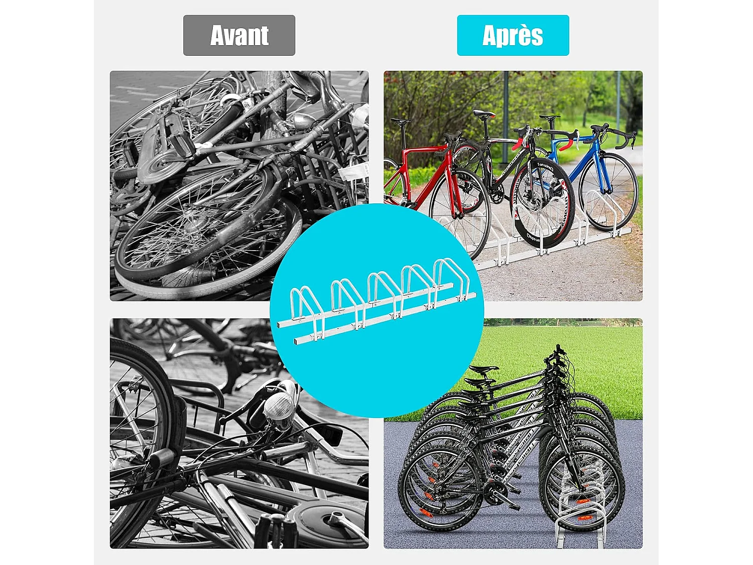 Râtelier 5 Vélos en Acier Fixation au Sol ou Mur 150x32.5x26CM Résistant aux Intempéries Antirouille Ecole Commerce Argent