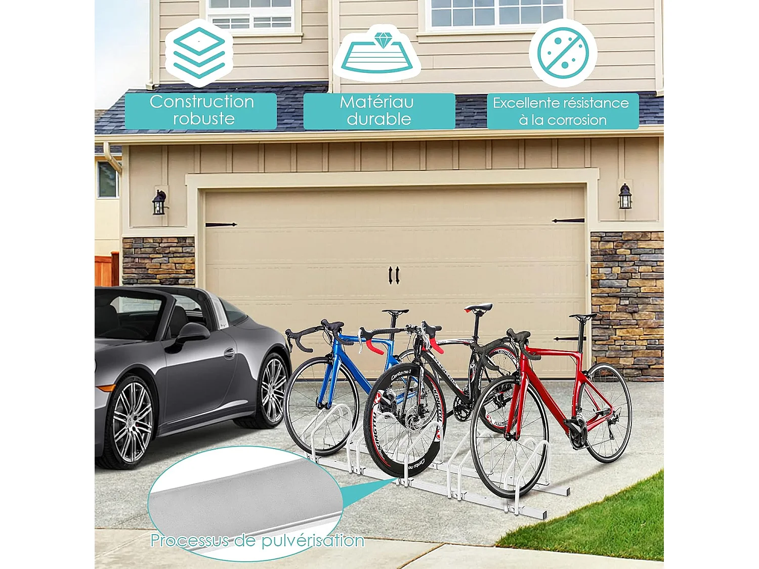 Râtelier 5 Vélos en Acier Fixation au Sol ou Mur 150x32.5x26CM Résistant aux Intempéries Antirouille Ecole Commerce Argent