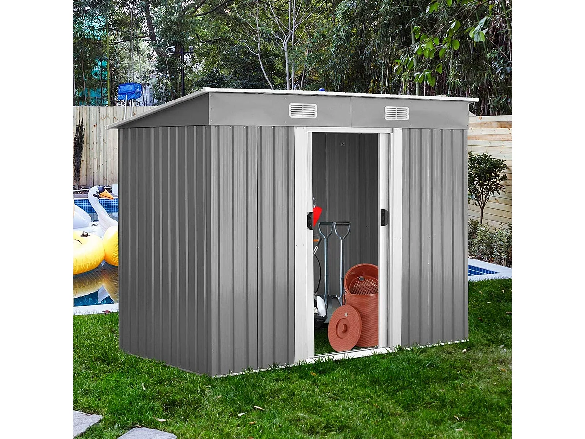 Abri de Jardin en Métal-3,1㎡-238x131x181 cm-4 Trous d’Aération-2 Portes Coulissantes Verrouillables-Toit Penché/Cabane Jardin-Gris