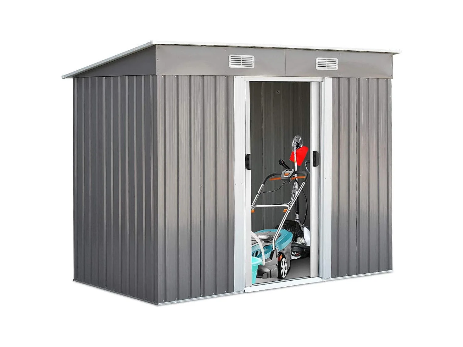 Abri de Jardin en Métal-3,1㎡-238x131x181 cm-4 Trous d’Aération-2 Portes Coulissantes Verrouillables-Toit Penché/Cabane Jardin-Gris