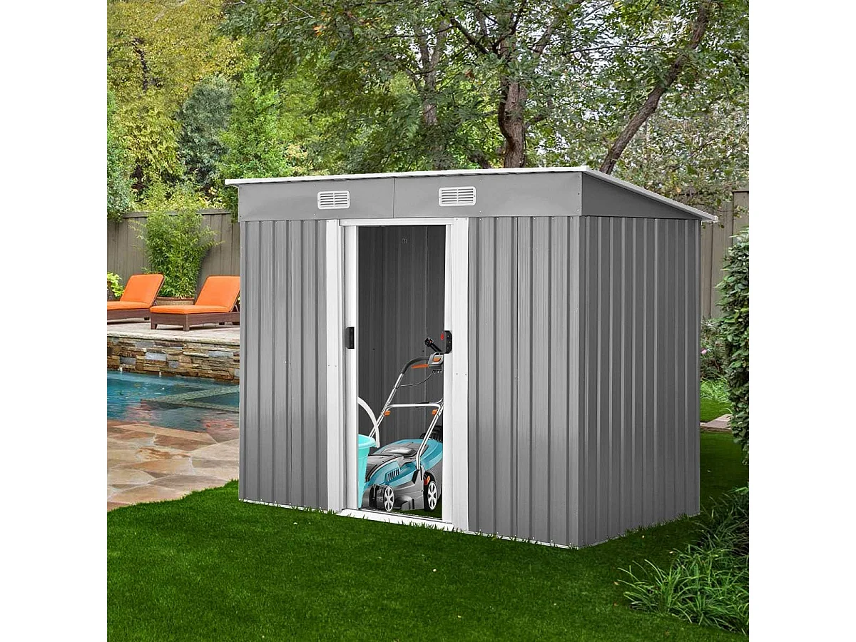 Abri de Jardin en Métal-3,1㎡-238x131x181 cm-4 Trous d’Aération-2 Portes Coulissantes Verrouillables-Toit Penché/Cabane Jardin-Gris