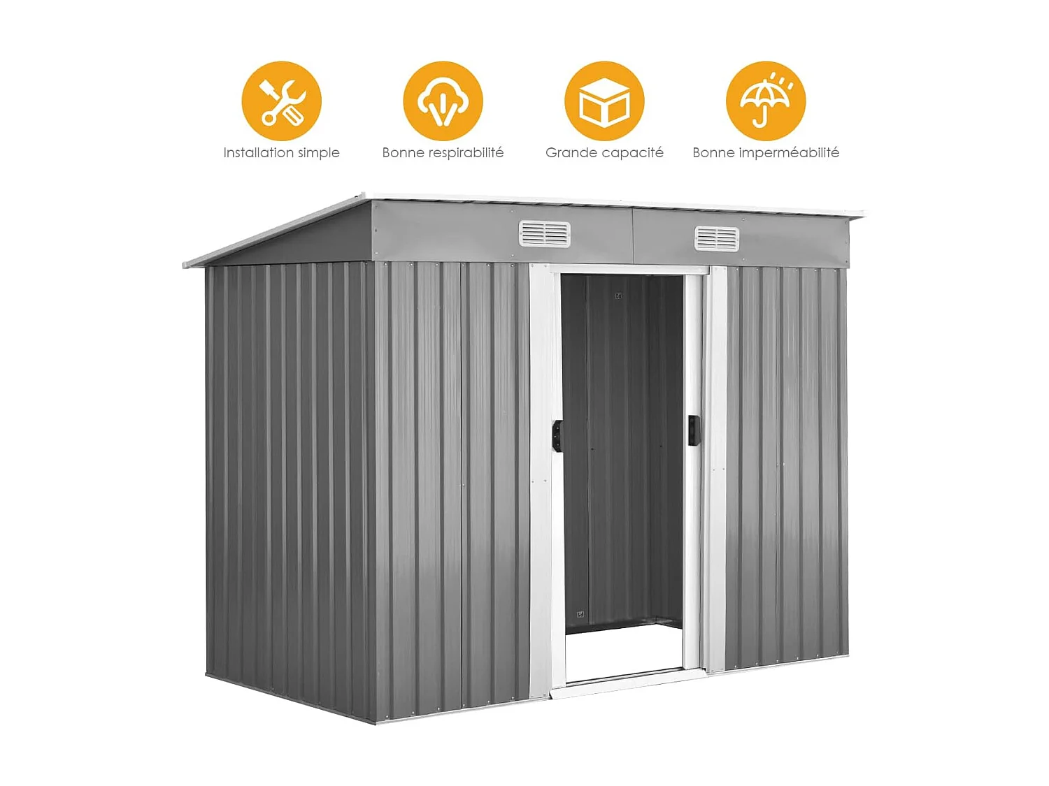 Abri de Jardin en Métal-3,1㎡-238x131x181 cm-4 Trous d’Aération-2 Portes Coulissantes Verrouillables-Toit Penché/Cabane Jardin-Gris