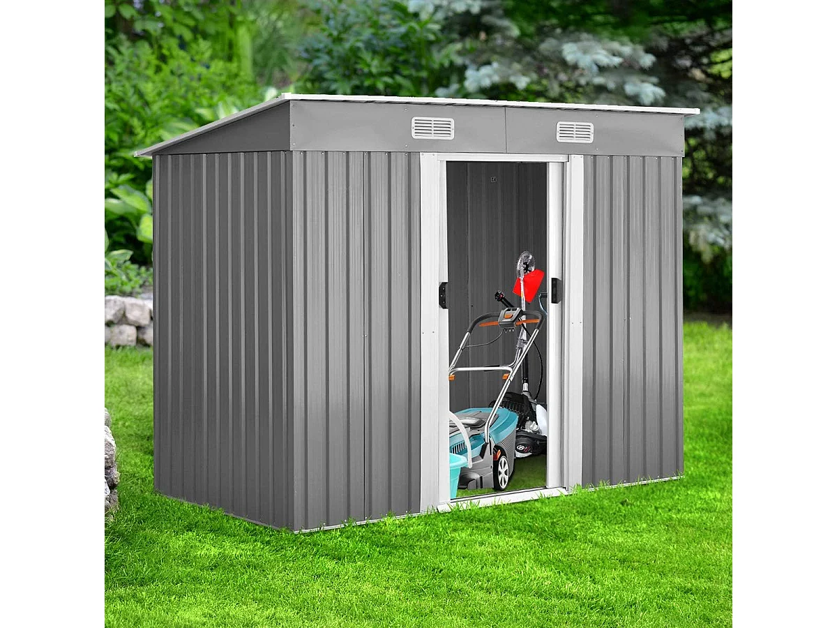 Abri de Jardin en Métal-3,1㎡-238x131x181 cm-4 Trous d’Aération-2 Portes Coulissantes Verrouillables-Toit Penché/Cabane Jardin-Gris
