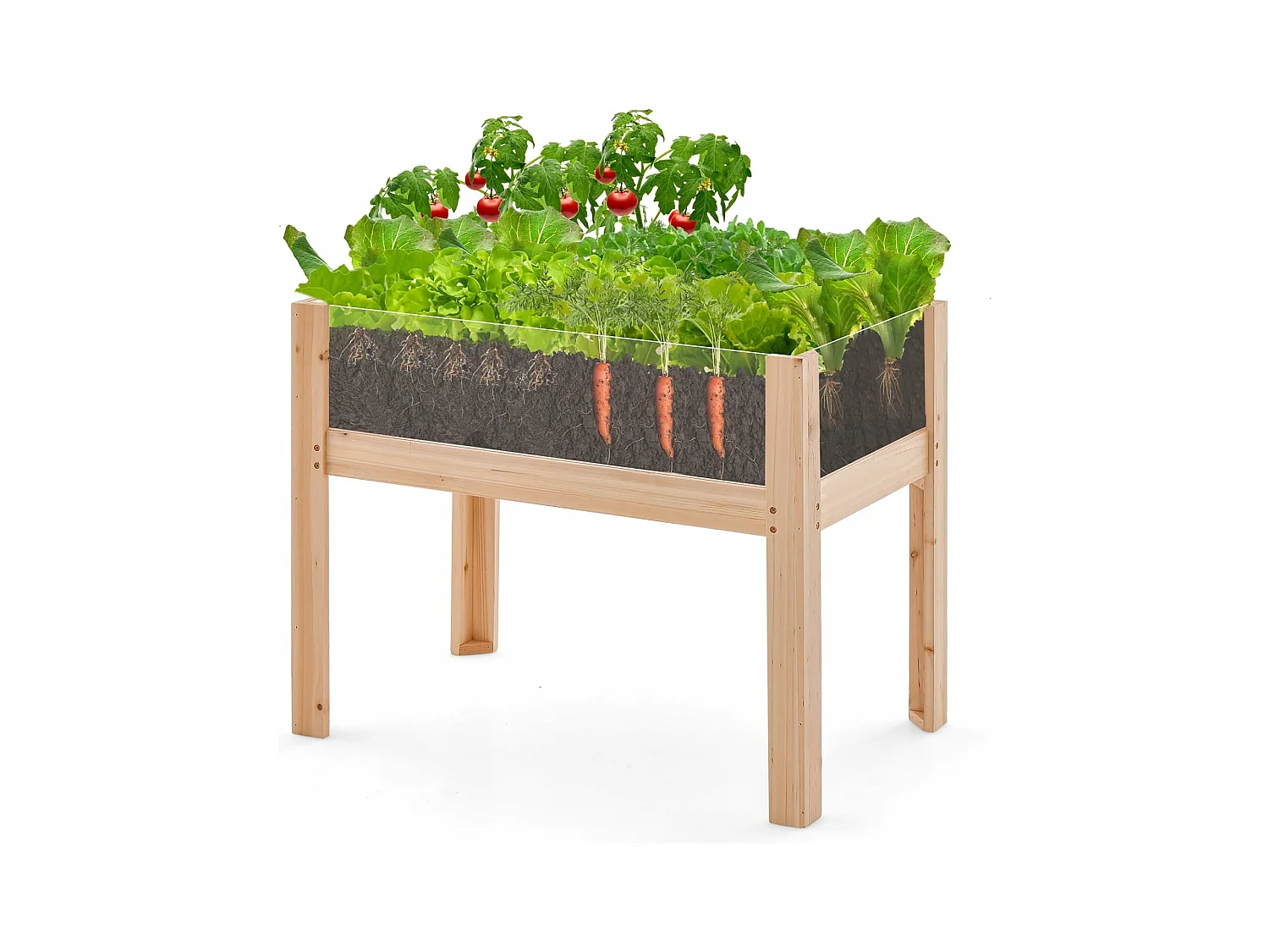 Jardinière Surélevée en Bois sur Pieds 50 L, Lit de Jardin avec Trous de Drainage Panneaux Acryliques Transparent Hauteur Adaptée, pour Légumes Herbes Fleurs Naturel(75 x 46 x 61 cm)