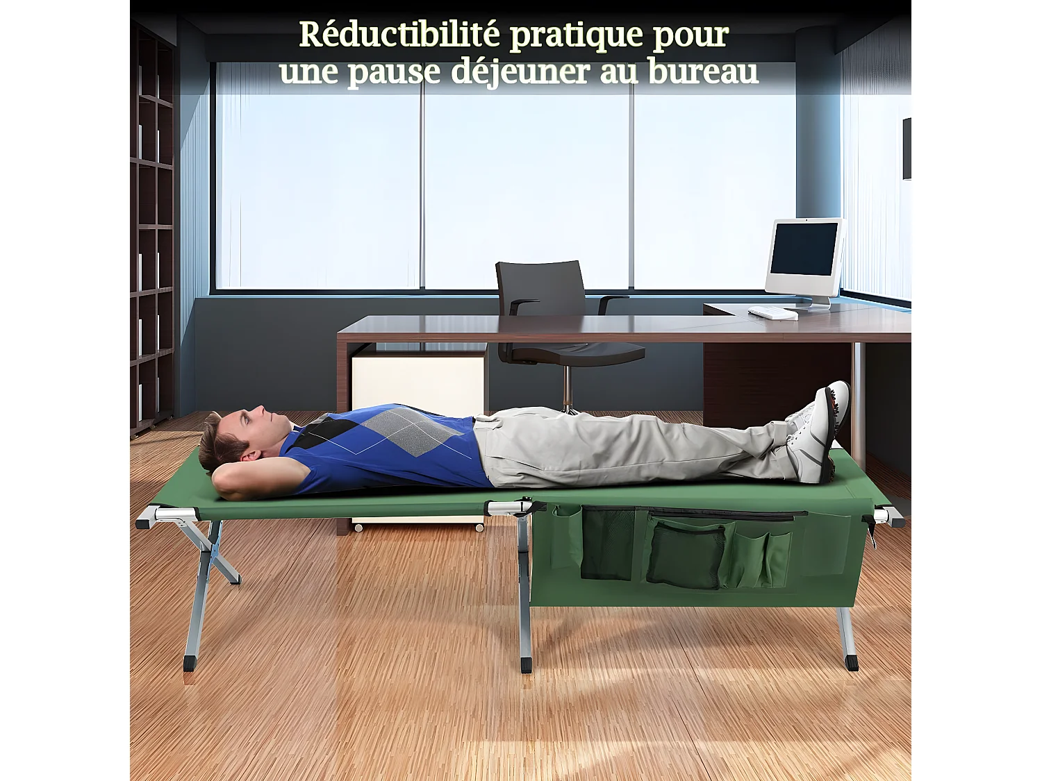 Lit de Camp Pliant Portable avec Poches Latérales en Tissu et velours Oxford 600D, 190x73x42CM, Vert
