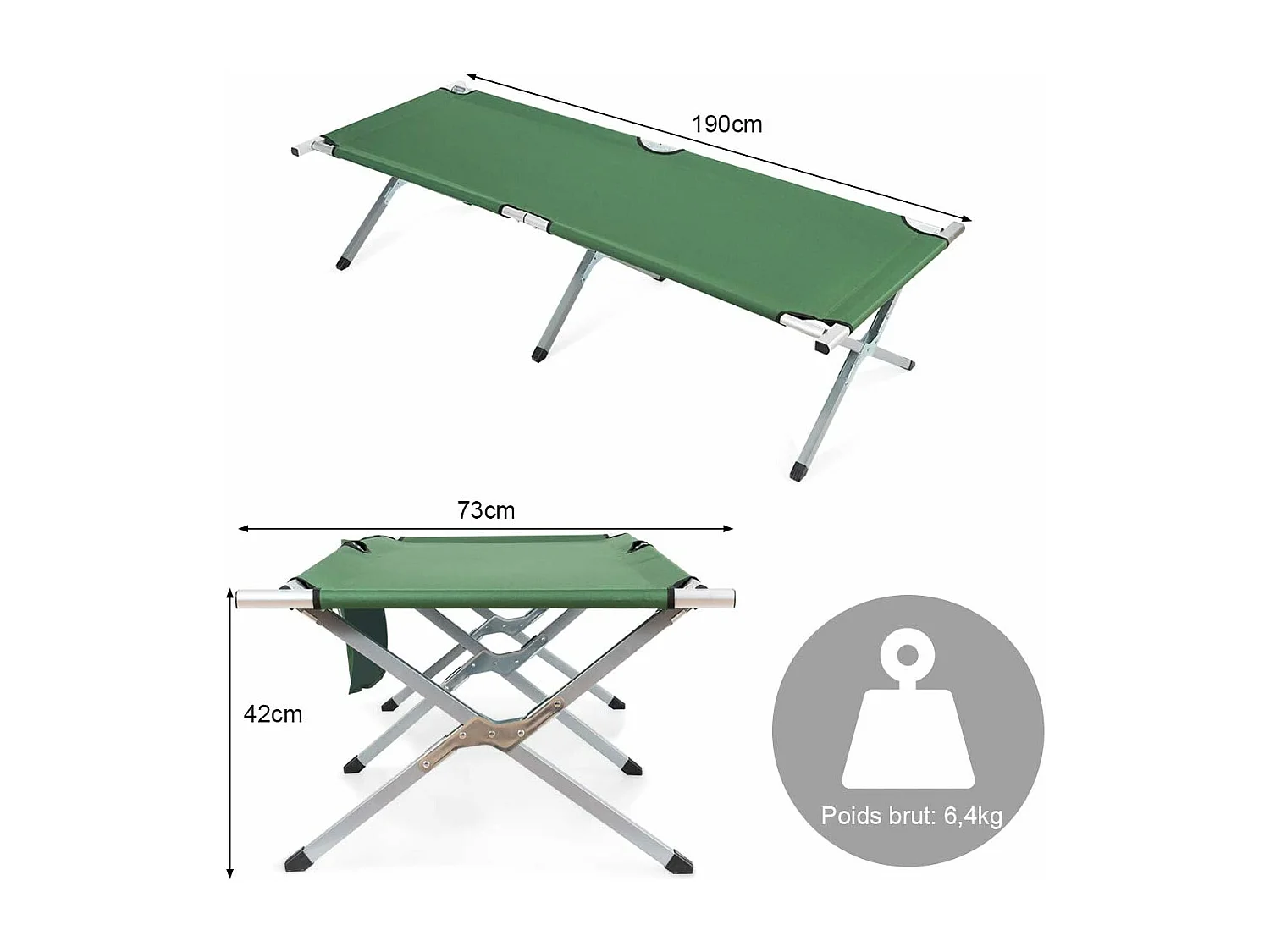Lit de Camp Pliant Portable avec Poches Latérales en Tissu et velours Oxford 600D, 190x73x42CM, Vert