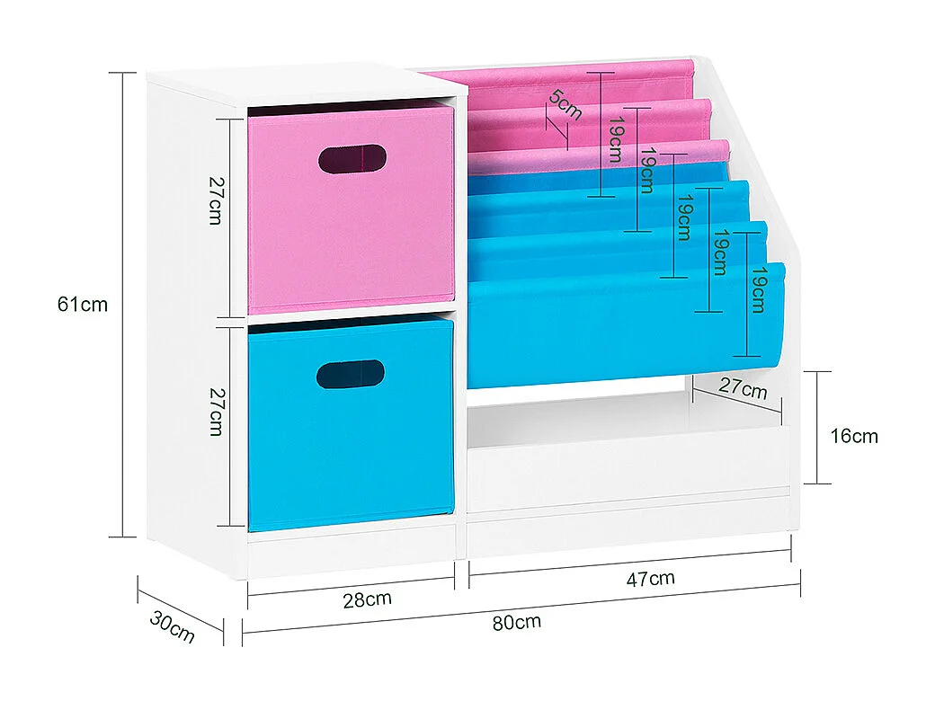SoBuy Kinderboekenplank, speelgoed- en boekenorganizer, kinderopbergplank met 2 manden, 5 planken en 1 vak, 80 x 30 x 61 cm, KMB76-F