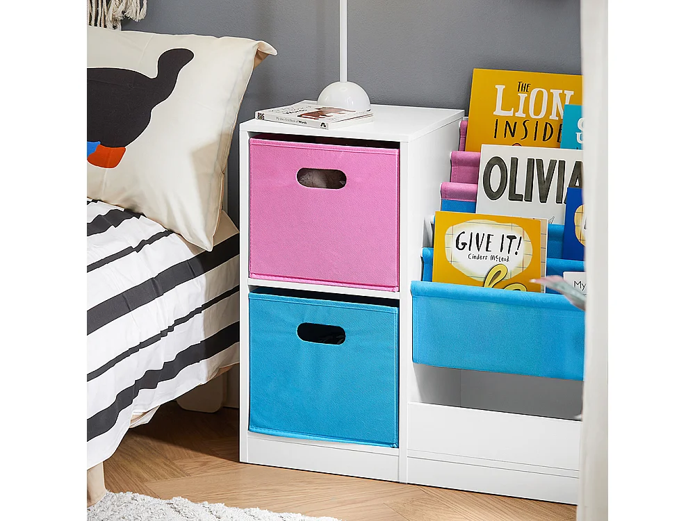 SoBuy Kinderboekenplank, speelgoed- en boekenorganizer, kinderopbergplank met 2 manden, 5 planken en 1 vak, 80 x 30 x 61 cm, KMB76-F