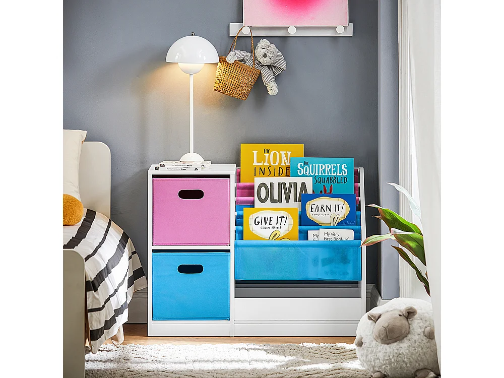 SoBuy Kinderboekenplank, speelgoed- en boekenorganizer, kinderopbergplank met 2 manden, 5 planken en 1 vak, 80 x 30 x 61 cm, KMB76-F