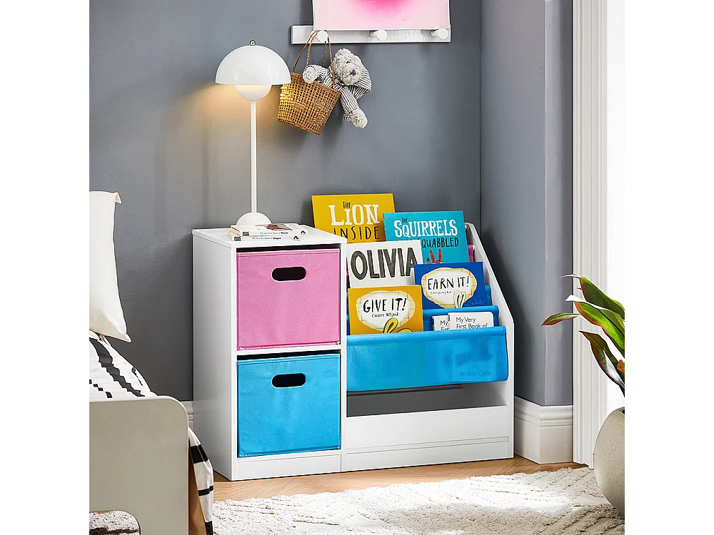 SoBuy KMB76-F Bibliothèque pour Enfants, Organisateur Jouets et Livres pour Enfants avec 2 Paniers, 5 Étagères et 1 Compartiment