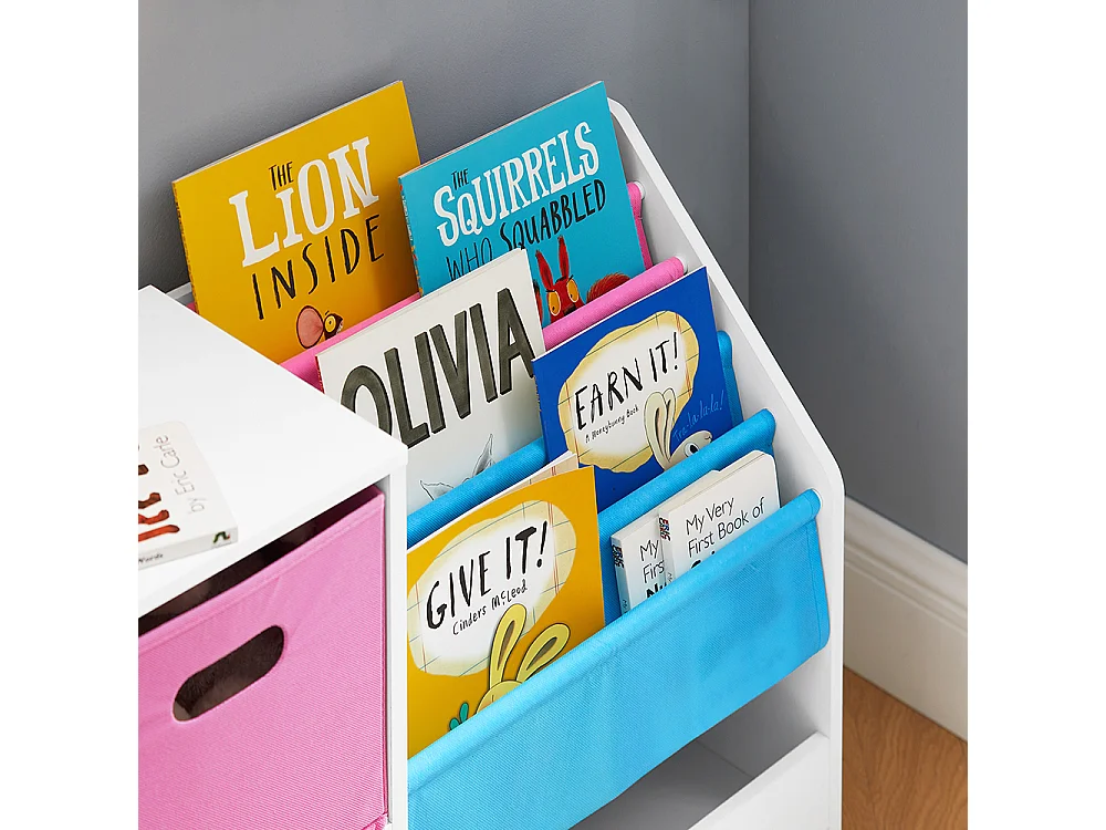 SoBuy KMB76-F Bibliothèque pour Enfants, Organisateur Jouets et Livres pour Enfants avec 2 Paniers, 5 Étagères et 1 Compartiment