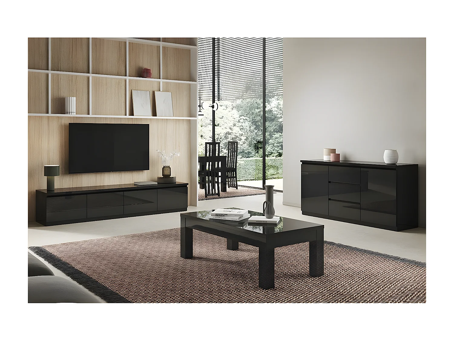 DEYTON - Ensemble Salon Laqué Noir Meuble TV 4 Portes + Table Basse 127cm + Buffet