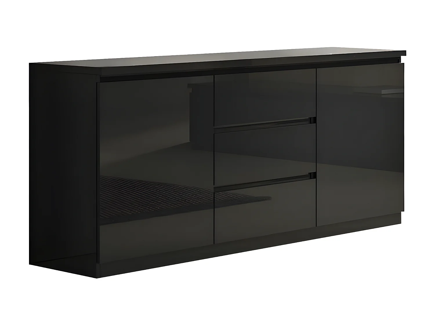 DEYTON - Ensemble Salon Laqué Noir Meuble TV 4 Portes + Table Basse 127cm + Buffet