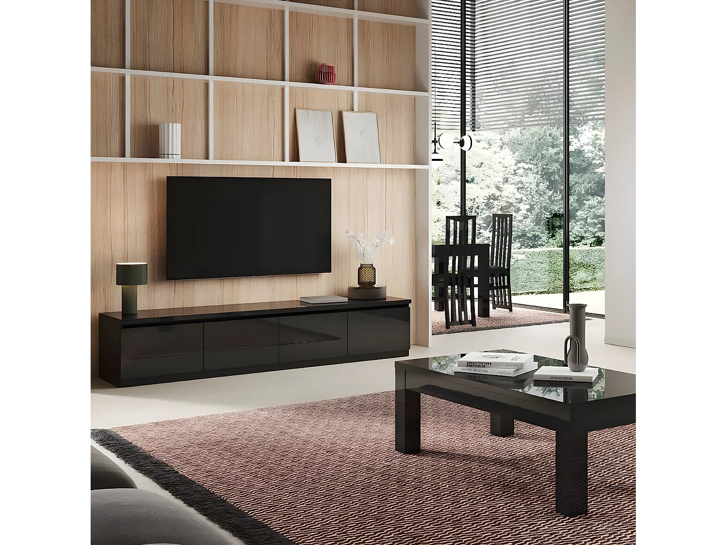 DEYTON - Ensemble Salon Laqué Noir Meuble TV 4 Portes + Table Basse 127cm + Buffet