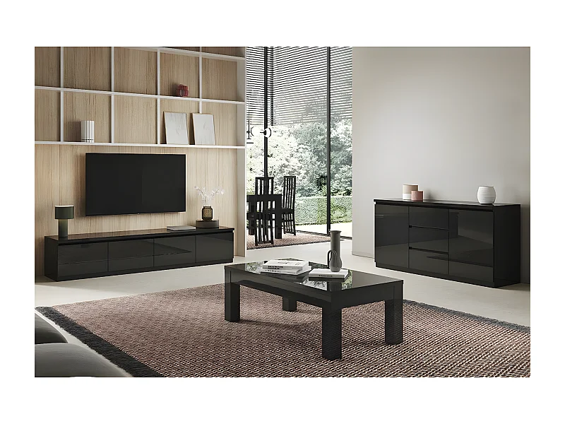 DEYTON - Ensemble Salon Laqué Noir Meuble TV 4 Portes + Table Basse 127cm + Buffet