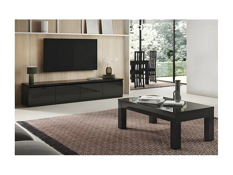 DEYTON - Ensemble Salon Laqué Noir Meuble TV 4 Portes + Table Basse 127cm
