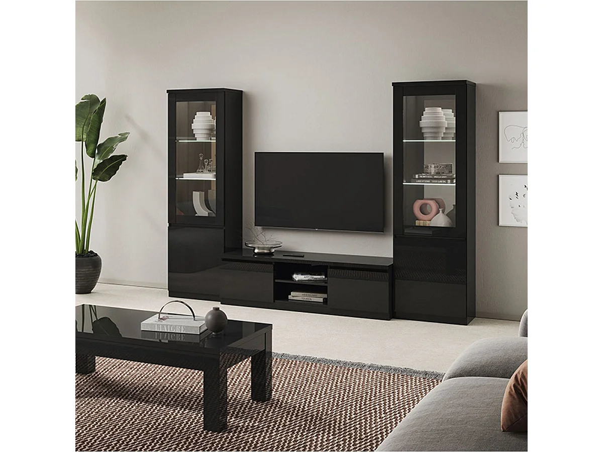 DEYTON - Ensemble Salon Complet Laqué Noir Meuble TV + Vitrines avec Leds + Table Basse 127cm