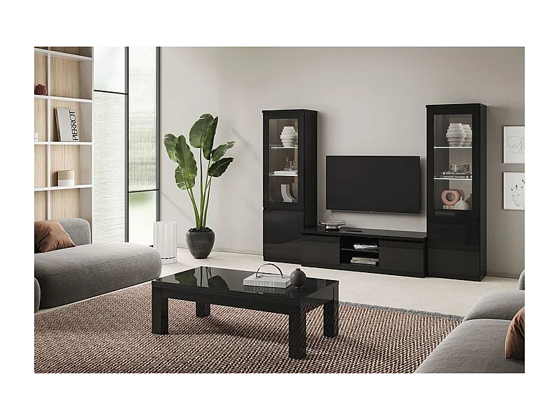 DEYTON - Ensemble Salon Complet Laqué Noir Meuble TV + Vitrines avec Leds + Table Basse 127cm